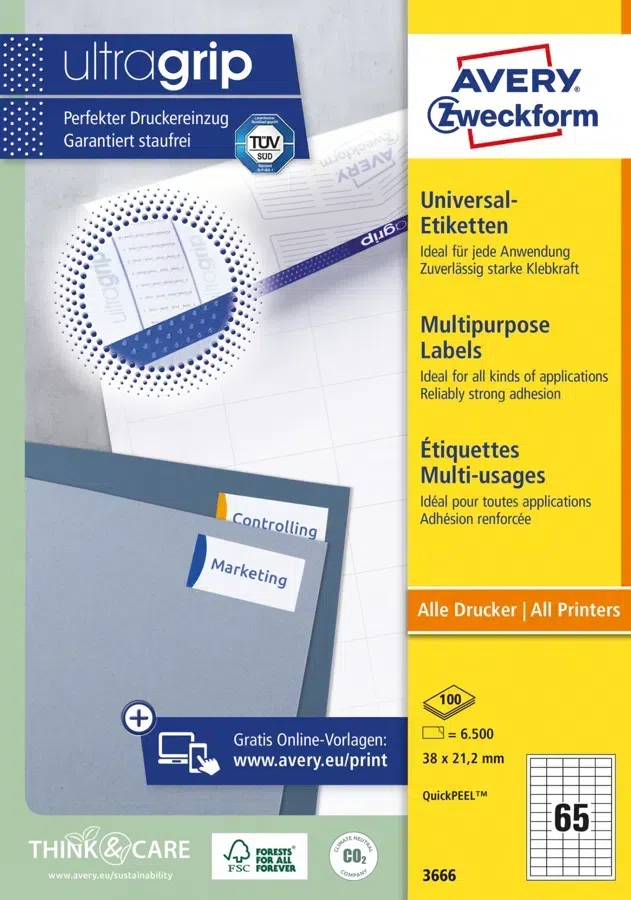 Этикетки Avery Zweckform 3666 A4 97x21.2мм 65шт на листе/70г/м2/100л./белый матовое самоклей. универсальная