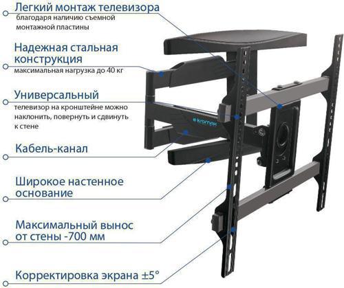 Кронштейн для телевизора Kromax ATLANTIS-60 черный 26"-65" макс.40кг настенный поворотно-выдвижной и наклонный