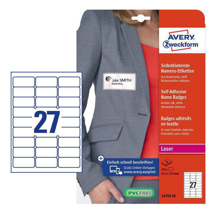 Этикетки Avery Zweckform L4784-20 29.6x63.5мм 27шт на листе/120г/м2/20л./белый ацетатный шелк самоклей. для лазерной печати
