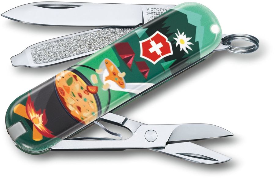 Нож перочинный Victorinox Classic LE2019 Swiss mountain Dinner (0.6223.L1907) 58мм 7функц. зеленый/рисунок подар.коробка