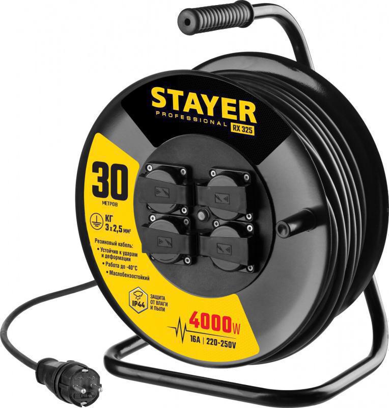 Удлинитель силовой Stayer 55076-30_z01 3x2.5кв.мм 4розет. 30м КГ катушка черный