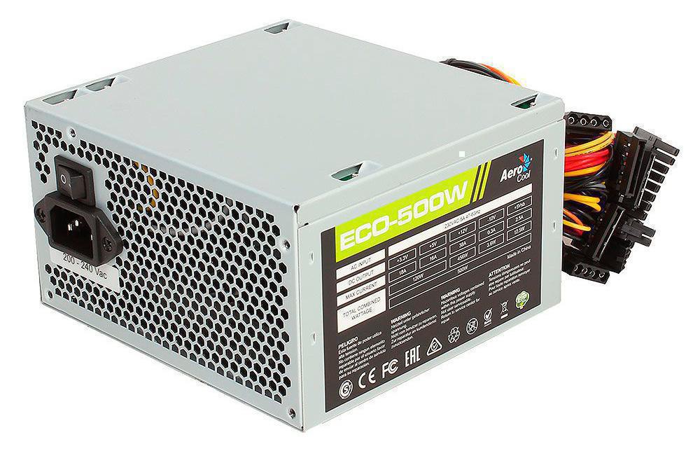 Блок питания Aerocool ATX 500W ECO-500 (20+4pin) 120mm fan 3xSATA RTL