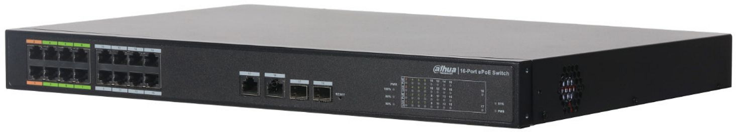Коммутатор Dahua DH-LR2218-16ET-240 (L2) 16x100Мбит/с 2x1Гбит/с 2xКомбо(1000BASE-T/SFP) 2SFP 14PoE+ 2PoE++ 240W управляемый