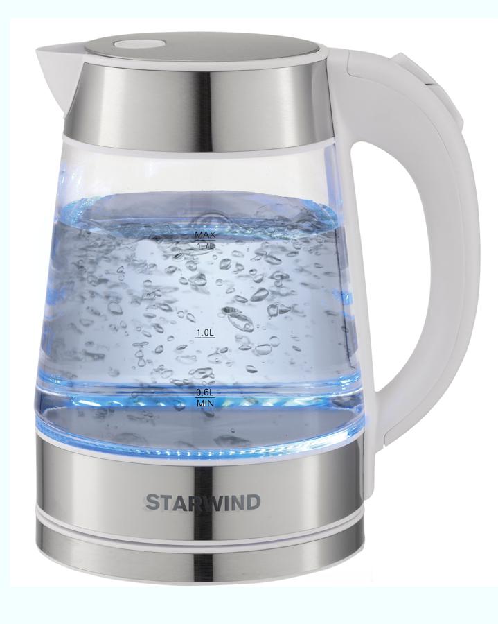 Чайник электрический Starwind SKG2011 1.7л. 2200Вт белый/серебристый корпус: стекло/металл/пластик