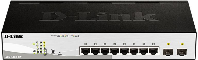 Коммутатор D-Link DGS-1210-10P/FL1A (L2) 8x1Гбит/с 2SFP 8PoE+ 65W управляемый