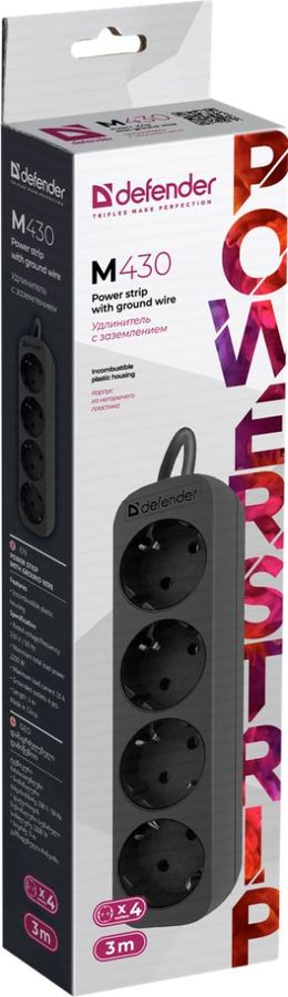 Сетевой удлинитель Defender M430 3м (4 розетки) черный (коробка)