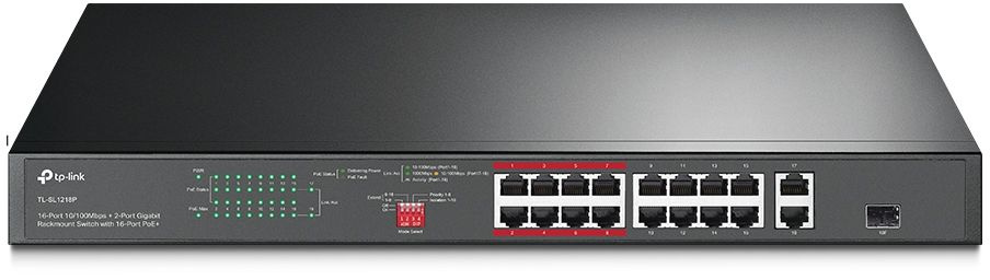 Коммутатор TP-Link TL-SL1218P (L2) 16x100Мбит/с 1x1Гбит/с 1xКомбо(1000BASE-T/SFP) 16PoE+ 150W неуправляемый