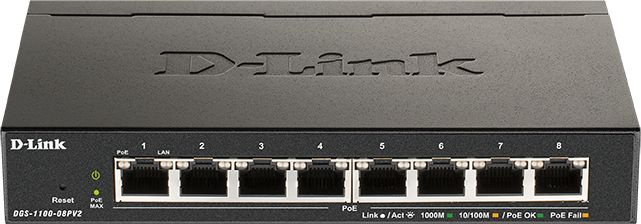 Коммутатор D-Link DGS-1100-08PLV2/A1A (L2) 8x1Гбит/с 4PoE+ 80W управляемый