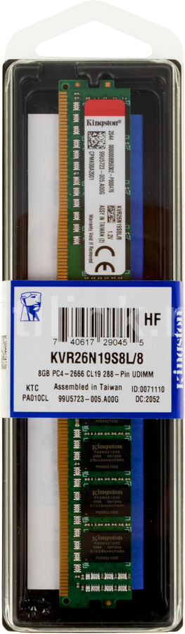 Память DDR4 8Gb 2666MHz Kingston KVR26N19S8L/8 VALUERAM RTL PC4-21300 CL19 DIMM 288-pin 1.2В Низкопрофильная single rank Ret