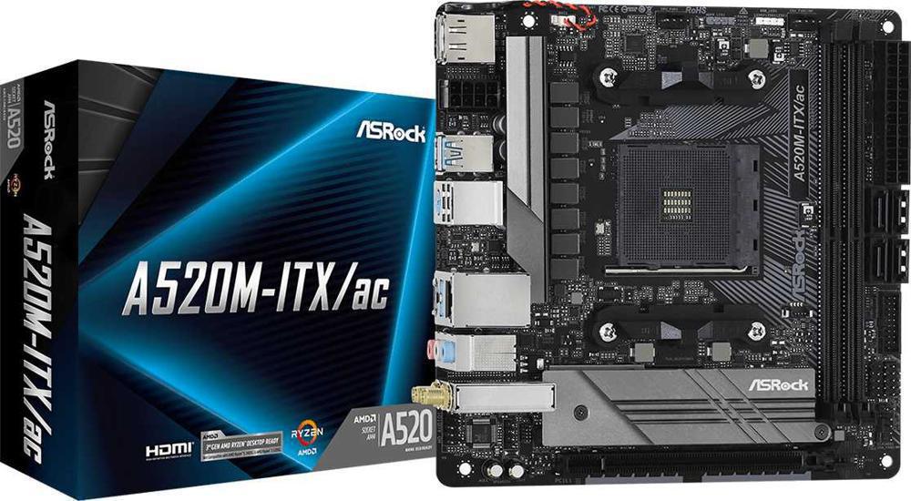 Материнская плата Asrock A520M-ITX/AC Soc-AM4 AMD A520 2xDDR4 mini-ITX AC`97 8ch(7.1) GbLAN RAID+HDMI+DP
