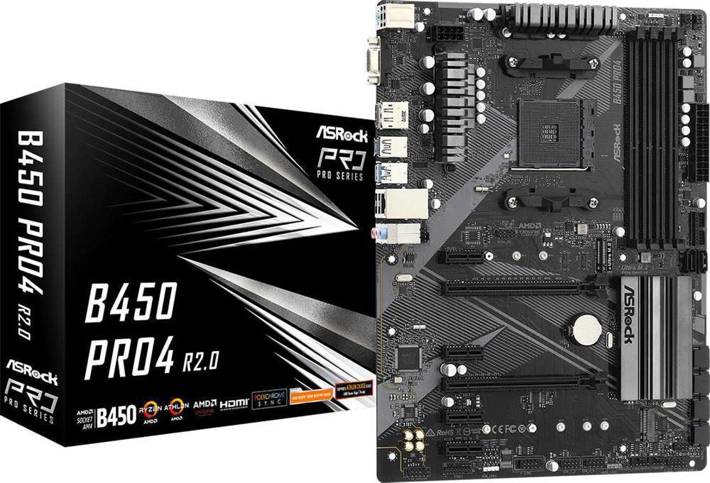 Материнская плата Asrock B450 PRO4 R2.0 Soc-AM4 AMD B450 4xDDR4 ATX AC`97 8ch(7.1) GbLAN RAID+VGA+HDMI+DP