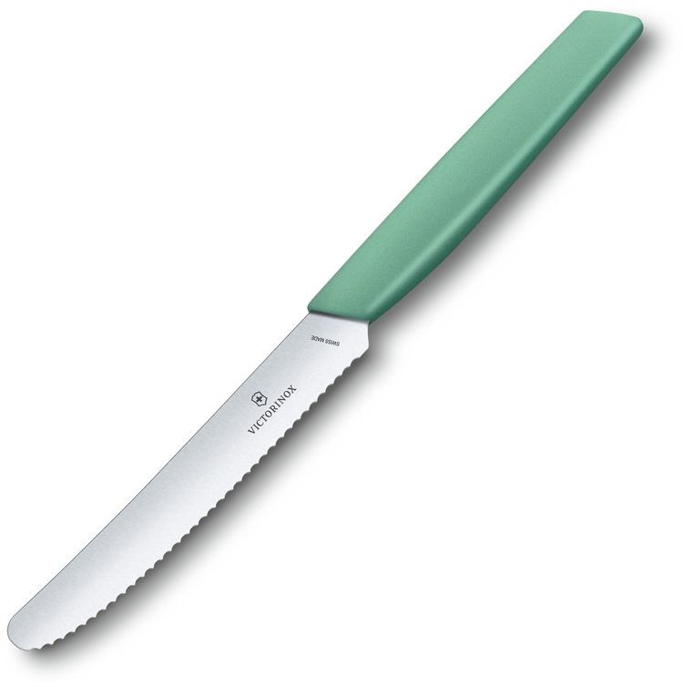 Нож кухонный Victorinox Swiss Modern (6.9006.11W41) стальной столовый для томатов лезв.110мм серрейт. заточка мятный
