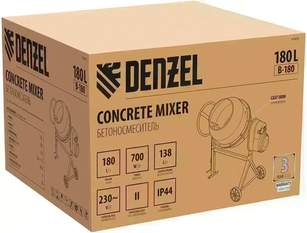 Бетономешалка Denzel B-180 электрич. бар.:180л г.р.:96л 700Вт (95423)