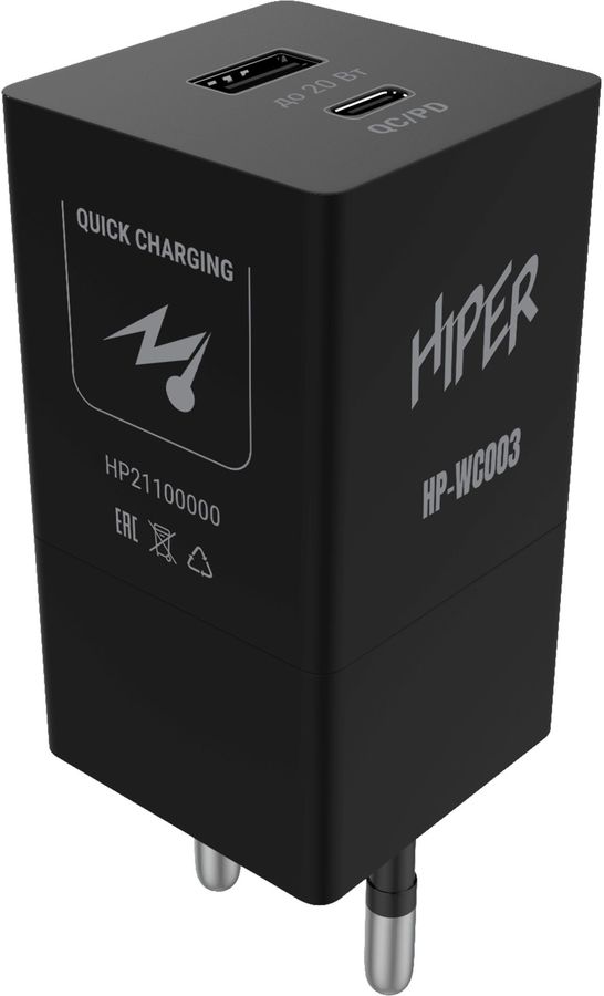 Сетевое зар./устр. Hiper HP-WC003 3A+2.22A (PD+QC) USB-C/USB-A универсальное черный