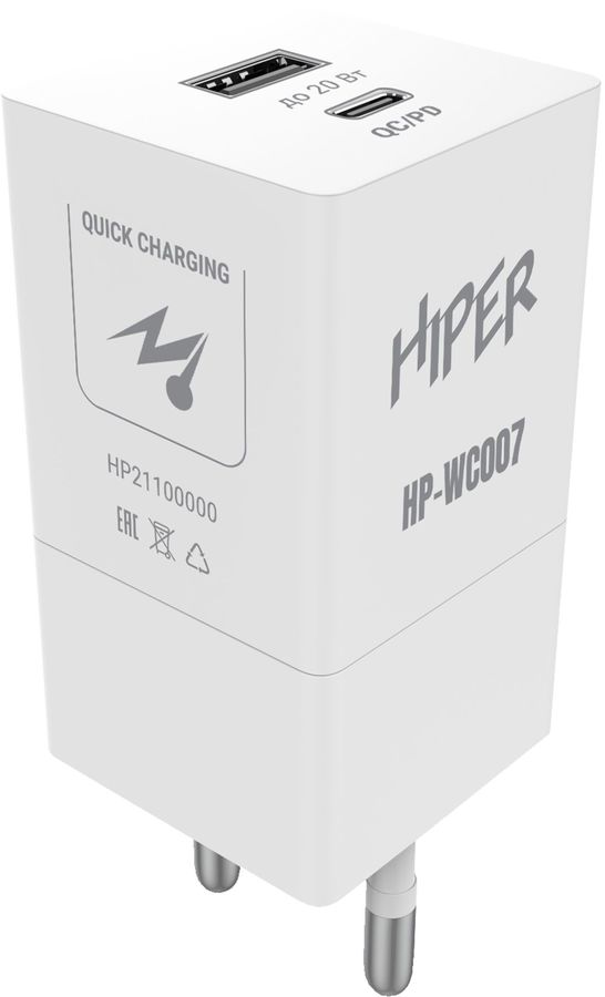 Сетевое зар./устр. Hiper HP-WC007 3A+2.22A (PD+QC) USB-C/USB-A универсальное белый