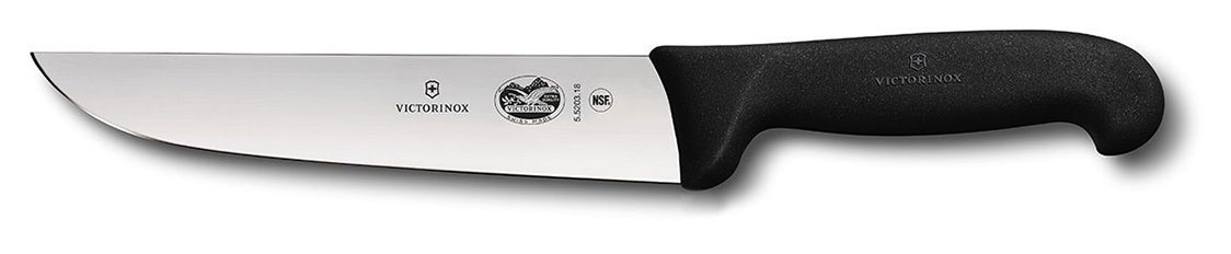 Нож кухонный Victorinox Fibrox (5.5203.18) стальной разделочный для мяса лезв.180мм прямая заточка черный