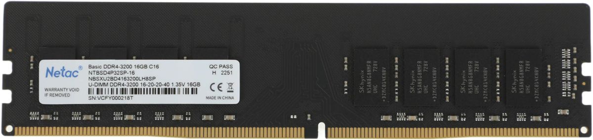 Память DDR4 16Gb 3200MHz Netac NTBSD4P32SP-16 Basic RTL PC4-25600 CL16 DIMM 288-pin 1.35В single rank Ret