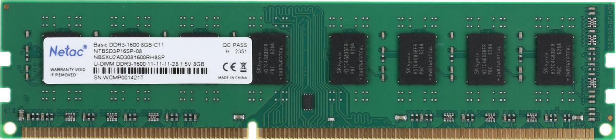 Память DDR3 8GB 1600MHz Netac NTBSD3P16SP-08 Basic RTL PC3-12800 CL11 DIMM UDIMM 240-pin 1.5В dual rank Ret