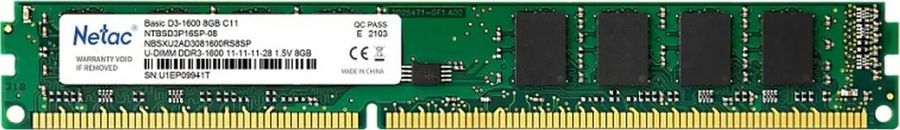 Память DDR3 8Gb 1600MHz Netac NTBSD3P16SP-08 Basic RTL PC3-12800 CL11 DIMM 240-pin 1.5В Ret