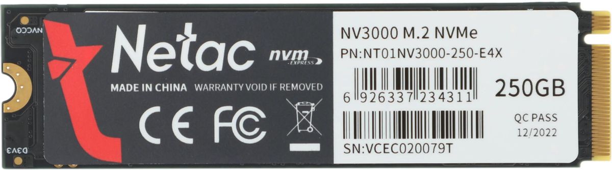 Накопитель SSD Netac PCIe 3.0 x4 250GB NT01NV3000-250-E4X NV3000 M.2 2280 3000/1400