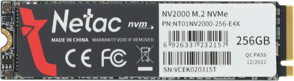 Накопитель SSD Netac PCIe 3.0 x4 256GB NT01NV2000-256-E4X NV2000 M.2 2280 2500/1000