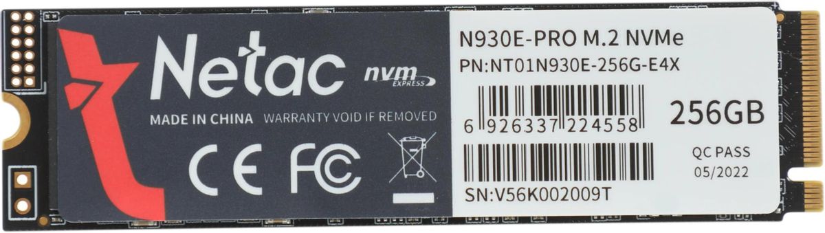 Накопитель SSD Netac PCIe 3.0 x4 256GB NT01N930E-256G-E4X N930E Pro M.2 2280 2040/1270