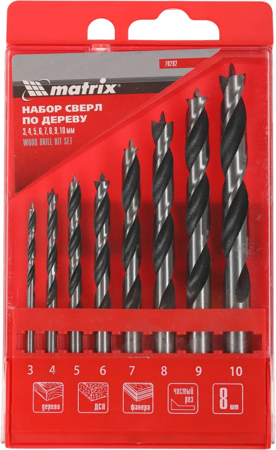 Набор сверл Matrix 70282 по дереву (8пред.) для дрелей
