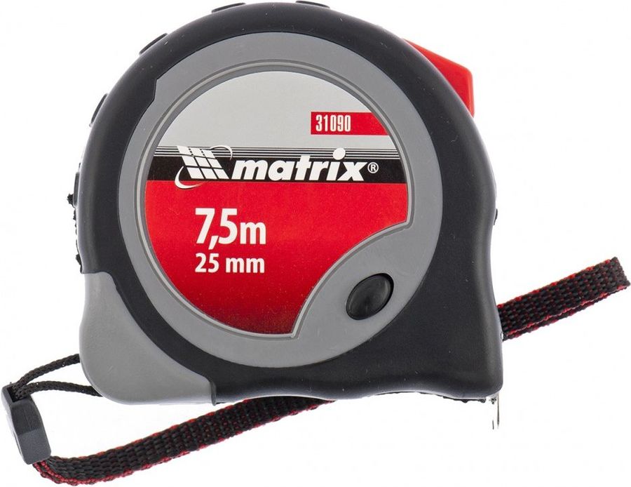 Рулетка строительная Matrix Continuous fixation дл.полотна 7.5м изм.шкала в см зацеп простой серый/черный (31090)
