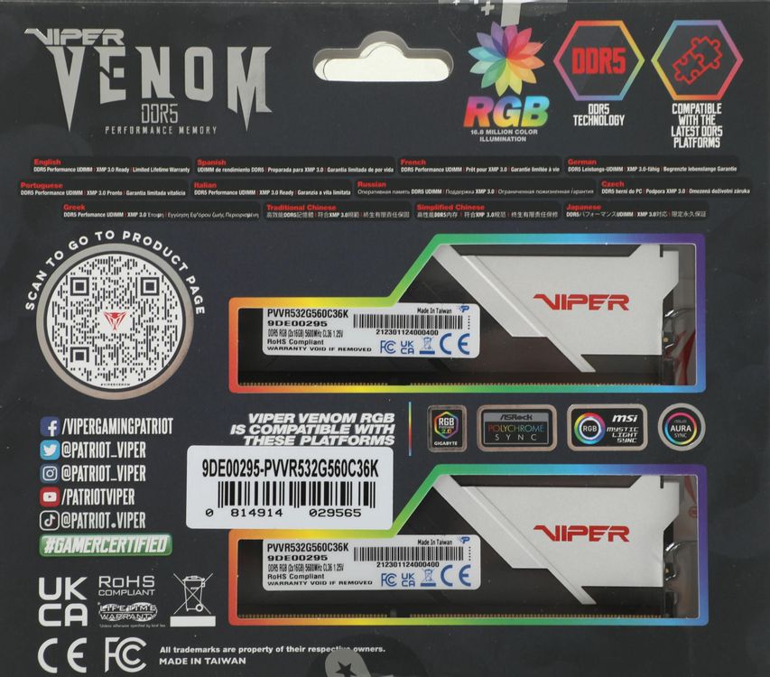 Память DDR5 2x16GB 5600MHz Patriot PVVR532G560C36K Viper Venom RGB RTL Gaming PC5-44800 CL36 DIMM UDIMM 288-pin 1.25В с радиатором Ret