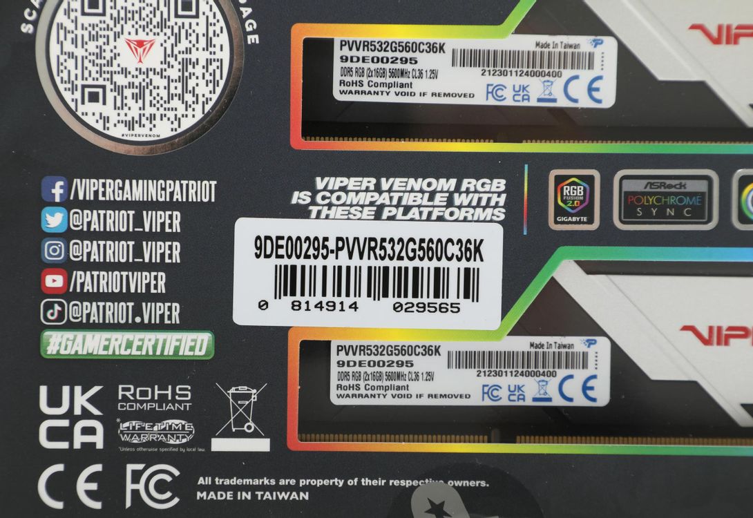 Память DDR5 2x16GB 5600MHz Patriot PVVR532G560C36K Viper Venom RGB RTL Gaming PC5-44800 CL36 DIMM UDIMM 288-pin 1.25В с радиатором Ret