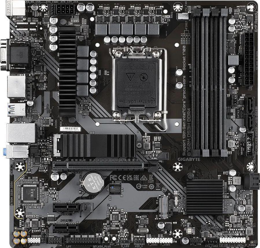 Материнская плата Gigabyte B760M DS3H DDR4 Soc-1700 Intel B760 4xDDR4 mATX AC`97 8ch(7.1) 2.5Gg RAID+HDMI+DP