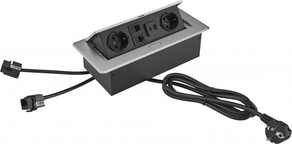 Розетка Cactus CS-SOCKET-EU2-USBA/C-NET для столешницы 26.5x11.8x6.5см серый
