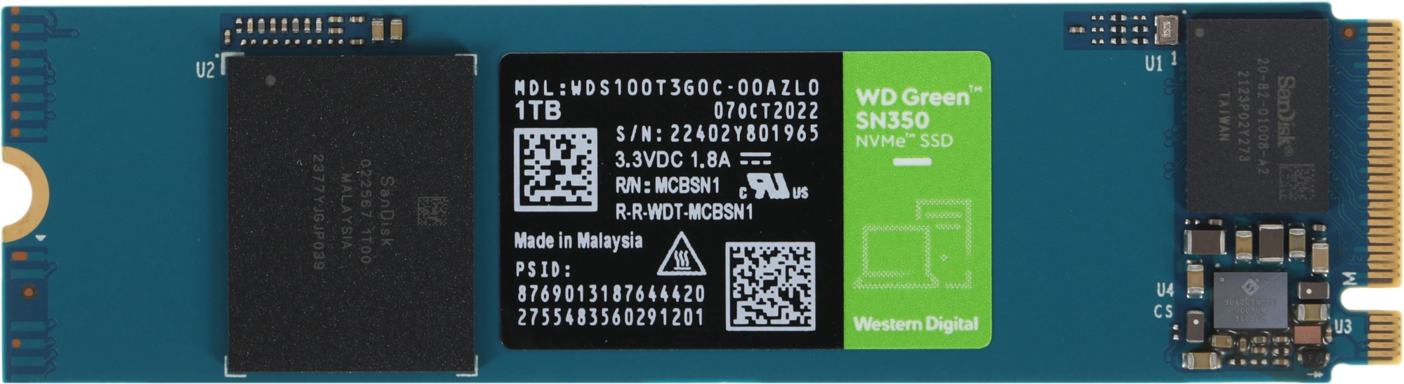 Накопитель SSD WD S PCIe 3.0 x4 1TB WDS100T3G0C Green SN350 M.2 2280