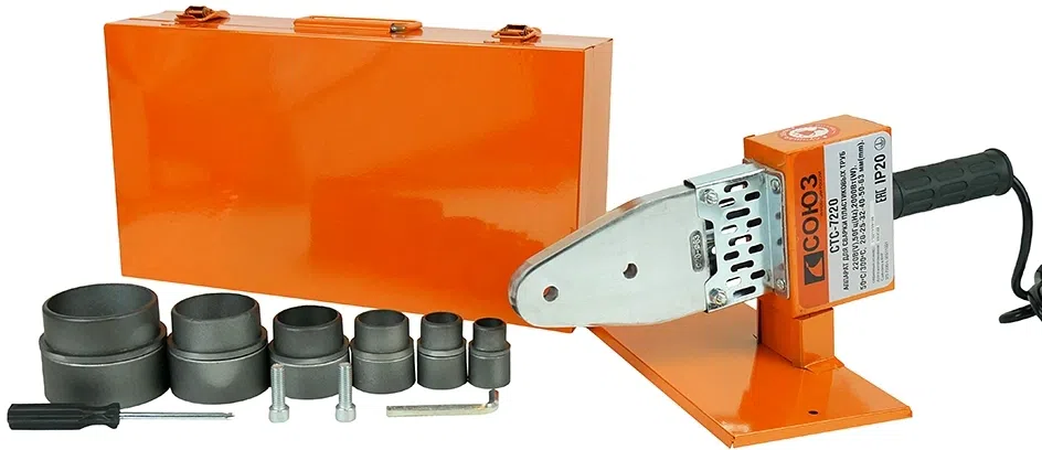 Сварочный аппарат для пластиковых труб Союз СТС-7220 2кВт Тмакс.:300 парн.насад. 6насад. (кейс в компл.)