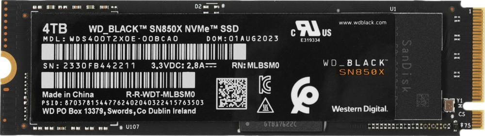 Накопитель SSD WD PCIe 4.0 x4 4000GB WDS400T2X0E Black SN850X M.2 2280