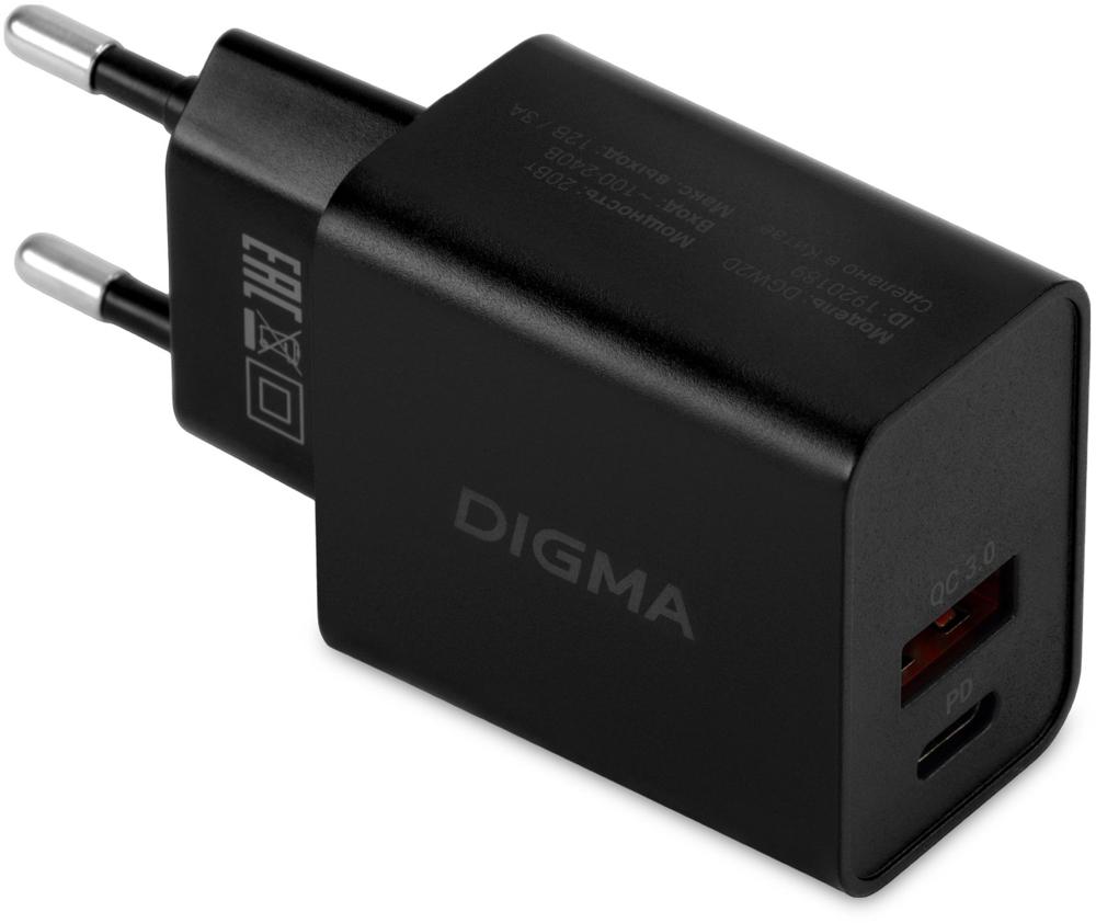 Сетевое зар./устр. Digma DGW2D 20W 3A+1A (PD+QC) USB-C/USB-A универсальное черный (DGW2D0F110BK)