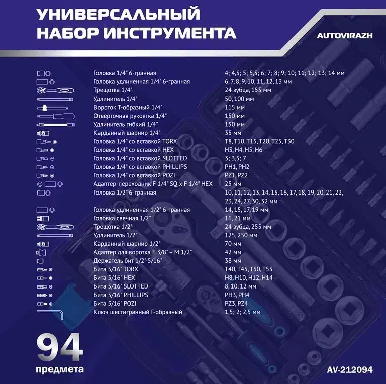 Набор инструментов Autovirazh AV-212094 94 предмета (жесткий кейс)