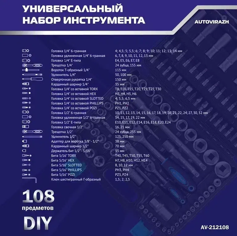 Набор инструментов Autovirazh AV-212108 108 предметов (жесткий кейс)