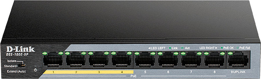 Коммутатор D-Link DSS-100E-9P/B1A (L2) 8x100Мбит/с 1x1Гбит/с 8PoE 92W неуправляемый