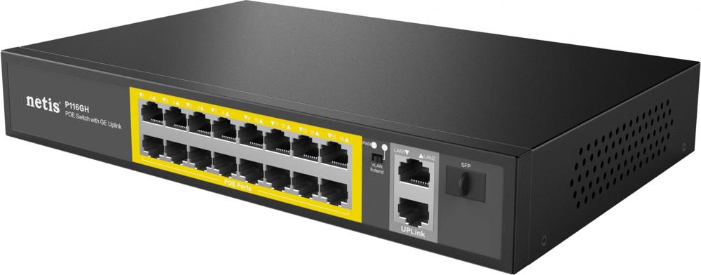 Коммутатор Netis P116GH (L2) 16x100Мбит/с 2x1Гбит/с 1SFP 16PoE 16PoE+ 240W неуправляемый