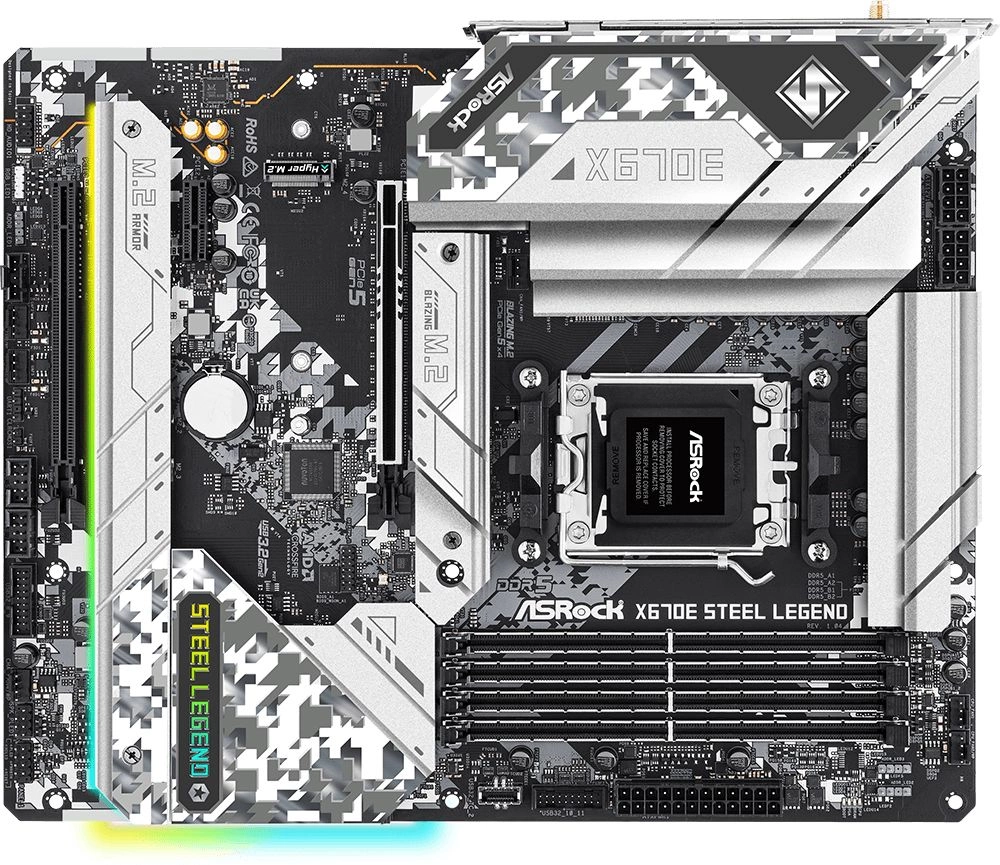 Материнская плата Asrock X670E STEEL LEGEND SocketAM5 AMD X670 4xDDR5 ATX AC`97 8ch(7.1) 1 x 2.5Gigabit + Gigabit Ethernet RAID+HDMI+DP