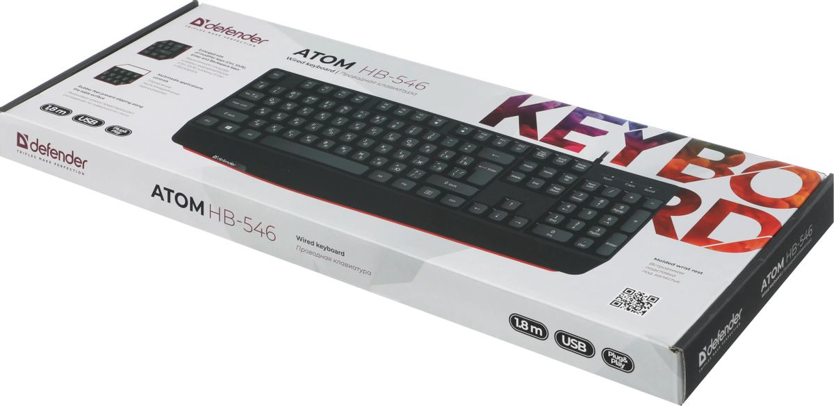Клавиатура Defender Atom HB-546 черный USB (подставка для запястий) (45546) кабель 1.8м