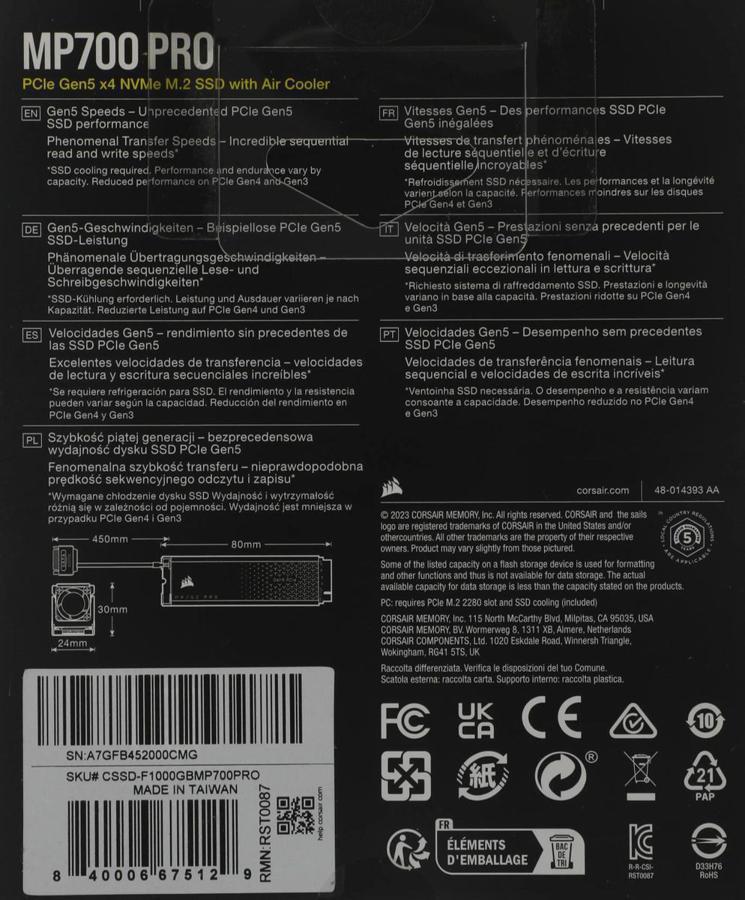 Накопитель SSD Corsair PCIe 5.0 x4 1TB MP700 Pro M.2 2280