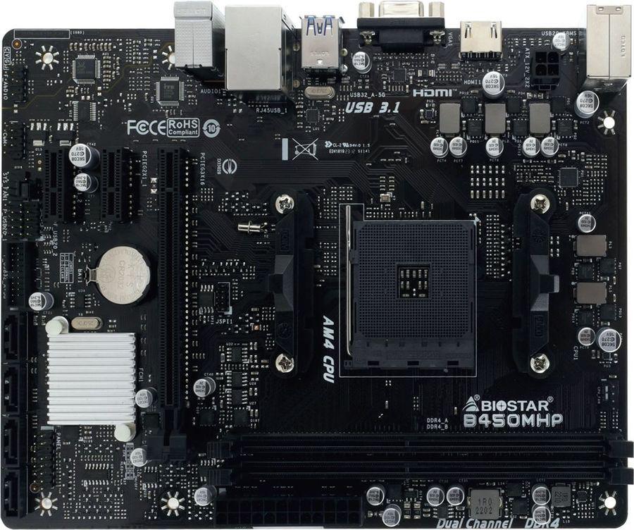 Материнская плата Biostar B450MHP Soc-AM4 AMD B450 2xDDR4 mATX AC`97 8ch(7.1) GbLAN RAID+VGA+HDMI