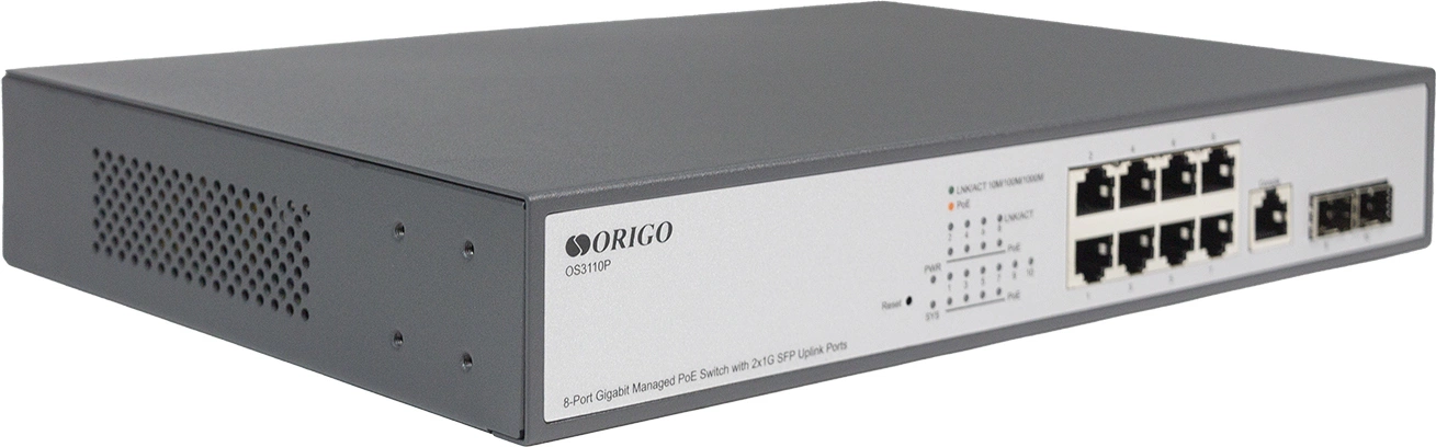 Коммутатор Origo OS3110P OS3110P/135W/A1A (L2) 8x1Гбит/с 2xКомбо(1000BASE-T/SFP) 2SFP 8PoE 8PoE+ 135W управляемый