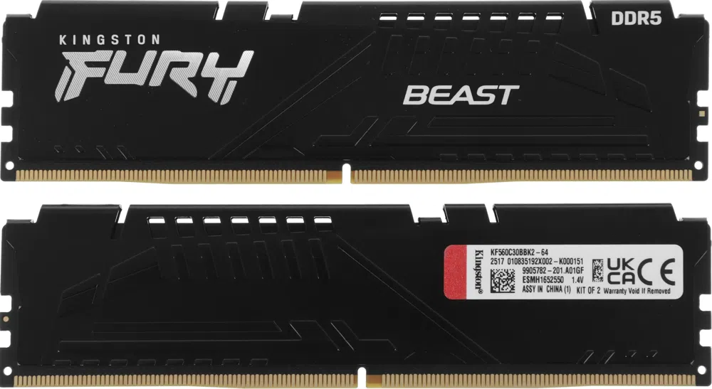 Память DDR5 2x32GB 6000MHz Kingston KF560C30BBK2-64 Fury Beast RTL Gaming PC5-48000 CL30 DIMM 288-pin 1.4В kit single rank с радиатором Ret