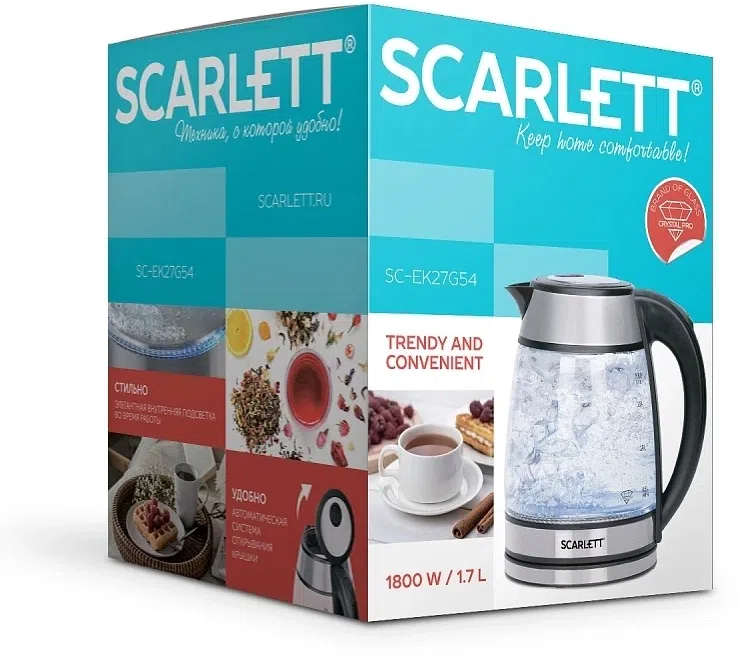 Чайник электрический Scarlett SC-EK27G54 1.7л. 1800Вт серебристый/черный корпус: стекло/металл/пластик