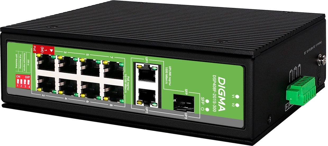 Коммутатор Digma DSP408F-2G1S-300 (L2) 8x100Мбит/с 2x1Гбит/с 1SFP 8PoE 8PoE+ 1PoE++ 300W неуправляемый