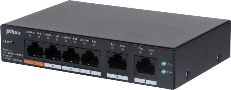 Коммутатор Dahua DH-CS4006-4ET-60 (L2) 4x100Мбит/с 2xКомбо(1000BASE-T/SFP) 30W управляемый