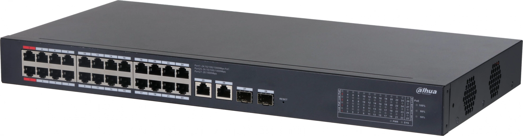 Коммутатор Dahua DH-CS4228-24GT-375 (L2) 24x1Гбит/с 2xКомбо(1000BASE-T/SFP) 2SFP 24PoE 375W управляемый